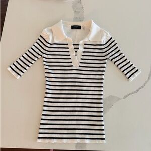 Tahari White and Black Striped Ribbed Polo Top